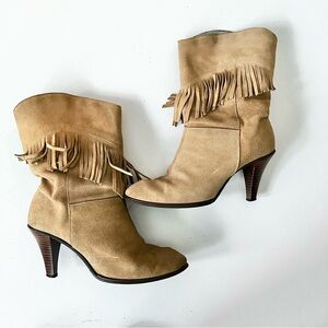 Vintage 90’s Suede Tan Fringe Ankle Boots with Wood Cone Heel